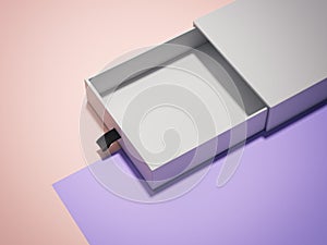 Opened white cardboard box on multicolour background, 3d rendering. photo