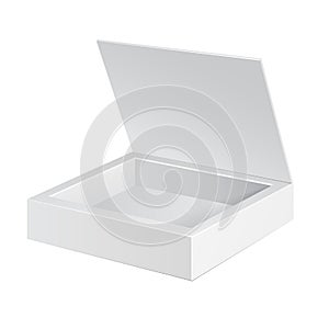 Opened White Cardboard Package Box. Gift Candy. On White Background . Ready For Your Design. Product Packing