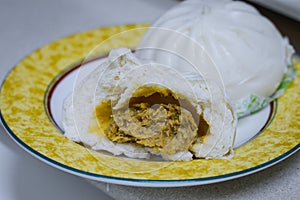 Chinese Steamed Buns Showing Meat Veggies Fillings