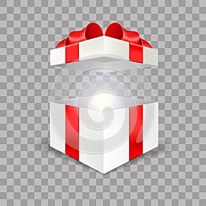 Opened white gift box empty angle front view 3D with red bow and lights isolated in transparent background easy to