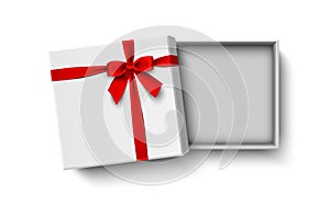 Opened white gift box with red bow isolated on white background, vector