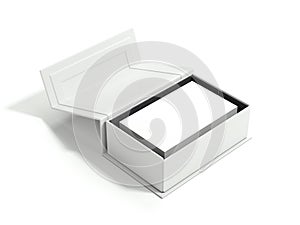 Opened white package with stack of business cards. 3d rendering