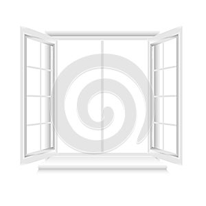 Opened white window frame on white background