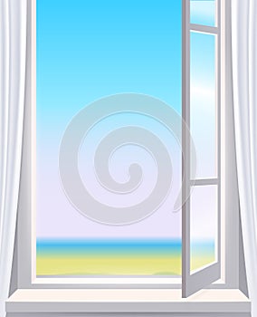 Opened window in interior, view on landscape, spring, curtains. Vector illustration template realistic