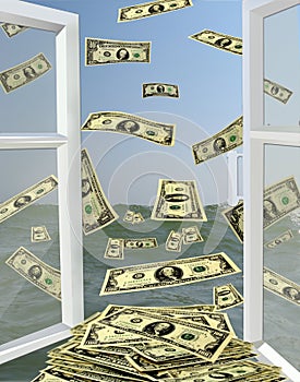 Opened window to the sea with dollars