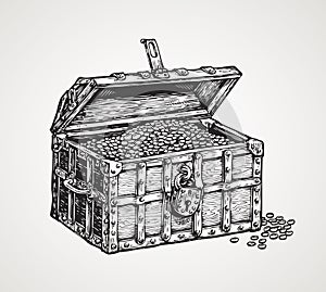 Opened wooden chest with treasures. Vintage sketch vector illustration