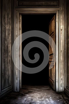 An opened wooden door at the end of the hallway leading into darkness. Dramatic scene, spooky horror concept, vertical shot
