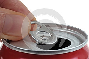 Opening a beverage can with an operculum close-up on a white background