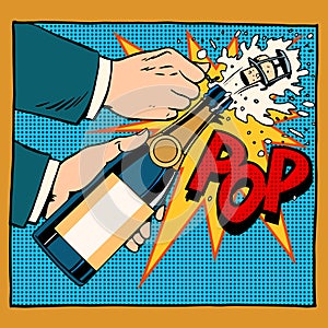 Opening champagne bottle pop art retro style