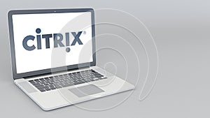 Opening and closing laptop with Citrix Systems logo. 4K editorial 3D rendering