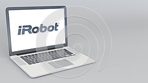 Opening and closing laptop with iRobot logo. 4K editorial 3D rendering