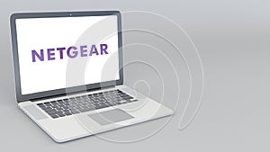 Opening and closing laptop with Netgear logo. 4K editorial 3D rendering