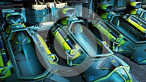 The opening of the cryo capsules on a spaceship. 3D Rendering