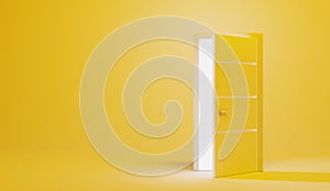 Opening door with white light, isolated on yellow background, front view. Creative illustration interior door in empty