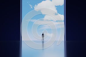 Opening doors to new possibilities. 3D Rendering Concept of mindfulness. A man standing near open gate to the sky