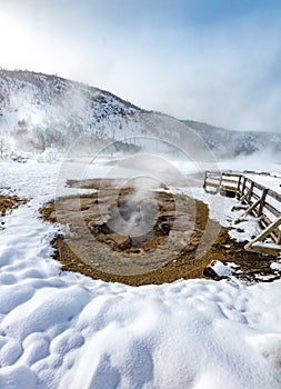 Opening in earth exhales hot water and steam