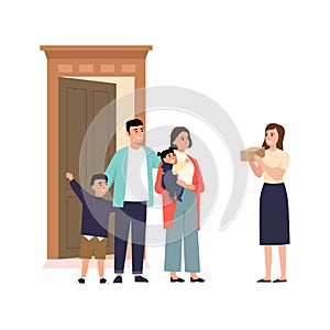 Opening front door concept of landing page with family welcome neighbor