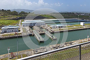 Opening the gates of the Panama Canal. Ship passes the Panama Canal