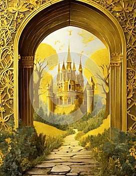 An opening in the golden forest, revealing a magic castle