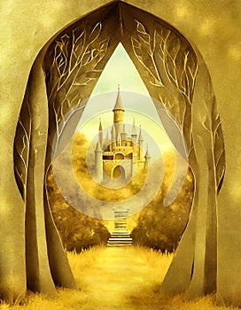 An opening in the golden forest, revealing a magic castle