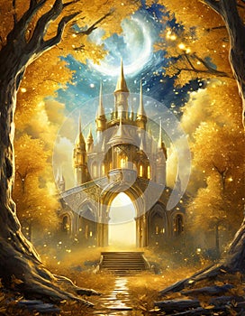 An opening in the golden forest, revealing a magic castle