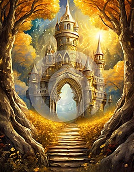 An opening in the golden forest, revealing a magic castle