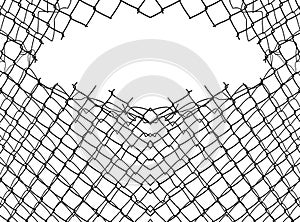 Opening in metallic net fence. isolated on white background. Challenge. uncertainty. breakthrough concept. freedom concept.