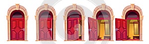 Opening red front door with stone arch