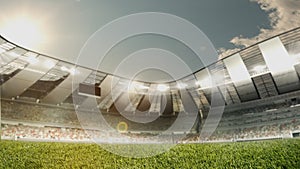 Opening season of games. Wide angle view of soccer football filed, stadium with crowd stands before match. Concept of