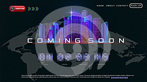 Opening text Coming soon on abstract dark background city silhouette with countdown timer. Design concept for sale, web, promotion