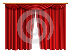 Opening theatre curtains. Red cinema stage drapes