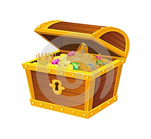 Opening treasures chest. Closing crate or wooden safe, mobile interface vector illustration