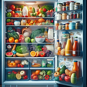 openned refrigerator with white shelves and food on it