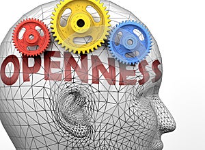 Openness and human mind - pictured as word Openness inside a head to symbolize relation between Openness and the human psyche, 3d