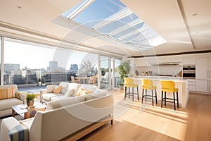 openplan interior leading to a furnished rooftop terrace