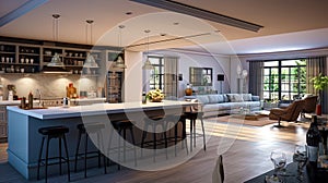 Openplan kitchendining room, bar and modern dishes photo