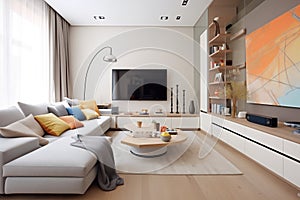 openplan living space with sectional sofa and multimedia wall unit photo