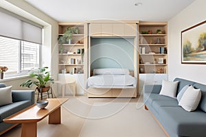 openplan studio apartment with murphy bed and builtin shelves