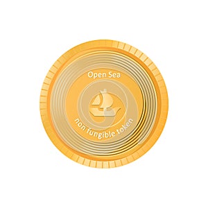 Opensea is a gold coin, a platform for the sale of NFT. Market place for non-fungible token. Icon photo