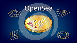 OpenSea text internet platform NFT token market and auction with isometric coin on blue background. photo