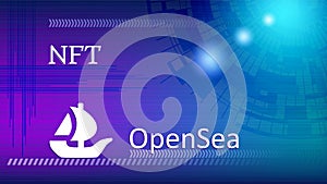 OpenSea text and logo internet platform NFT token market and auction on abstract colorful background. photo