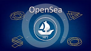 OpenSea text and logo internet platform NFT token market and auction on digital blue background. photo