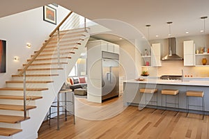 openspace saltbox home interior with floating staircase