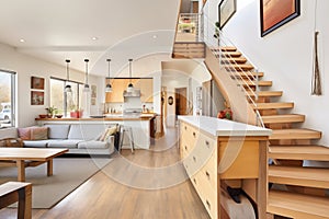 openspace saltbox home interior with floating staircase