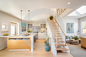 openspace saltbox home interior with floating staircase