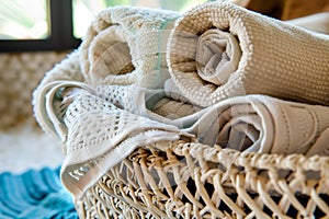 openweave fabric basket with rolledup beach towels inside