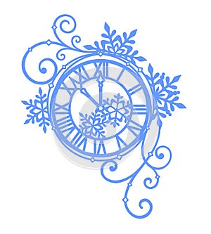 Openwork Christmas and New Year clock with snowflakes and swirls for festive design