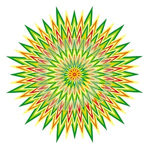 Openwork colorful mandala with the sign Om / Aum / Ohm in the center. Green, yellow and red colors. Vector.