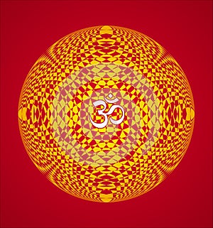 Openwork colorful mandala with the sign Om / Aum / Ohm in the center. Yellow and red colors.