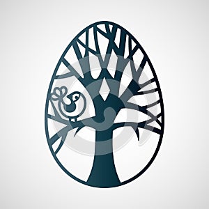 Openwork Easter egg with tree and bird. Laser cutting template